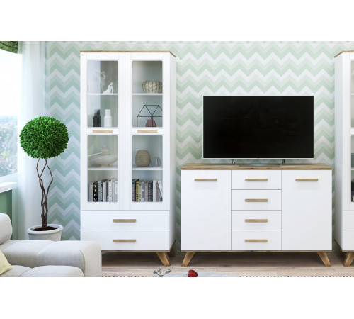 Гостиная Вега Скандинавия 2 (глянец, белый + дуб каньон)